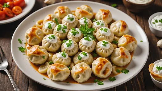 High angle view of a plate of pelmeni served with sour cream