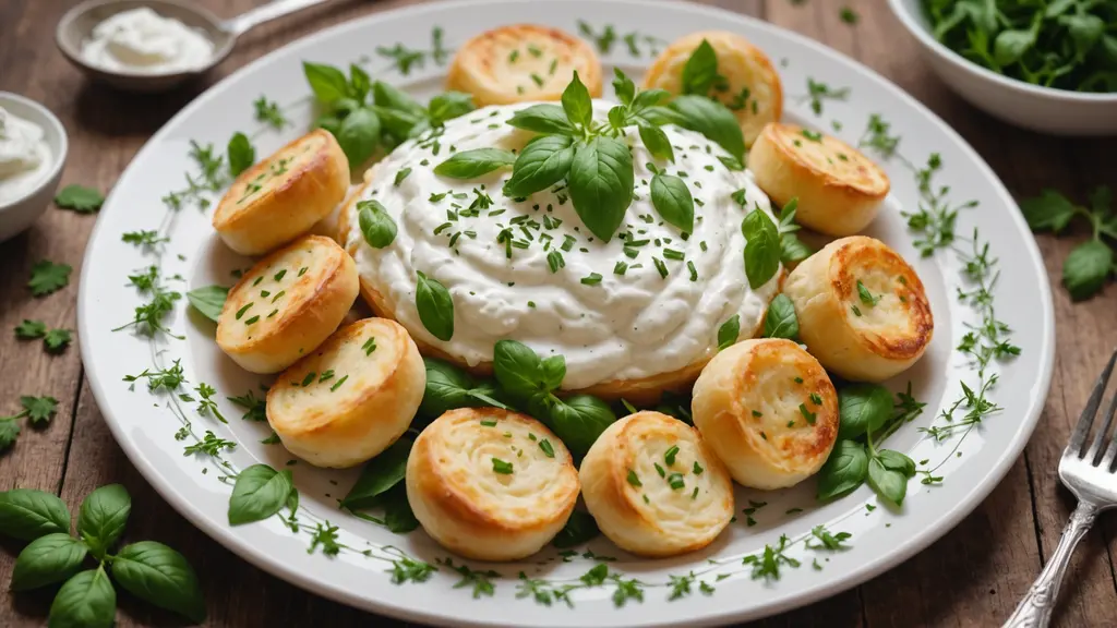 High angle view of a plate of vareniki topped with sour cream and fresh herbs