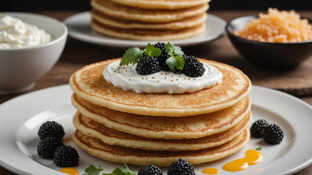 Eye-level view of a stack of blini with caviar and sour cream