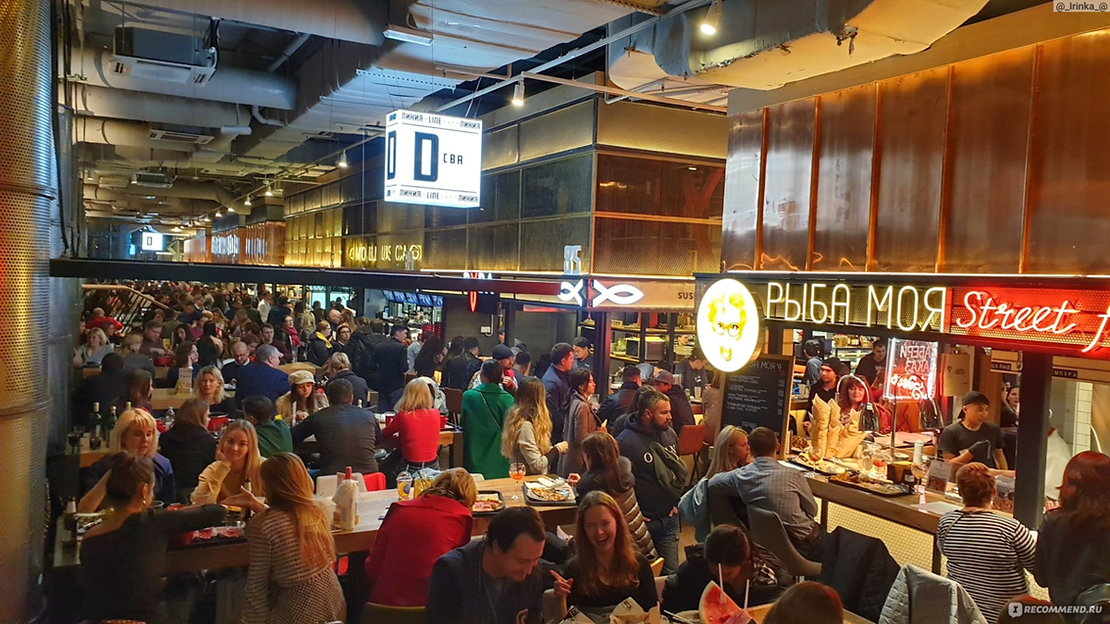 High angle view of a vibrant food court in Moscow, showcasing a variety of food vendors