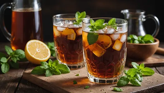 Close-up view of a glass of kvass garnished with mint