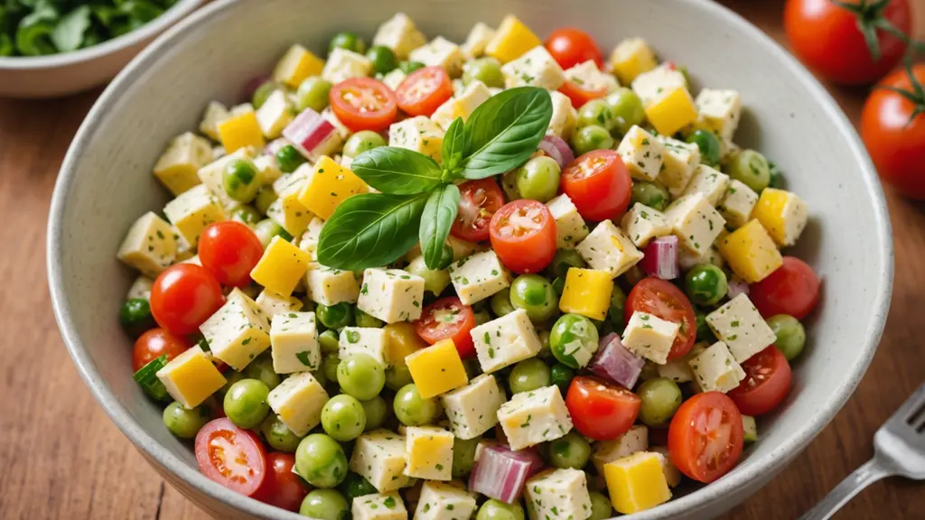 High angle view of a colorful bowl of Olivier salad
