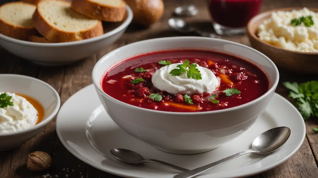 Close-up view of a bowl of borscht with a dollop of sour cream