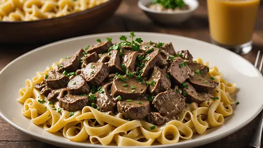 Close-up view of a bowl of beef stroganoff served over egg noodles